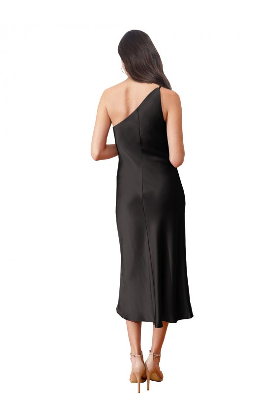Sleeveless One Shoulder Stretch Satin Black Midi Length Black Tie Evening Dress / Prom Dress / Bridesmaid Dress Cardiff