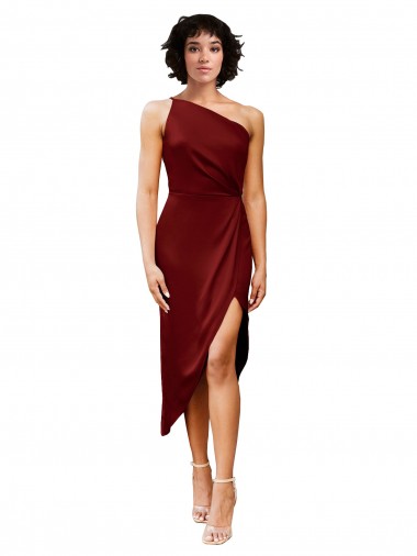 Sleeveless One Shoulder Stretch Satin Burgundy Midi Length Black Tie Evening Gown / Prom Dress / Bridesmaid Dress Cardiff