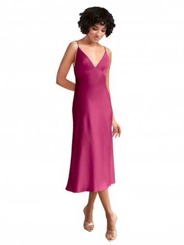 Sleeveless V-Neck Stretch Satin Fuchsia Midi Length Formal Evening Gown / Prom Dress / Bridesmaid Dress Cardiff