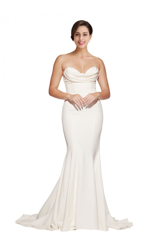 Sleeveless Strapless Stretch Satin Ivory Sweep Train Formal Evening Gown / Prom Dress / Bridesmaid Dress Cardiff