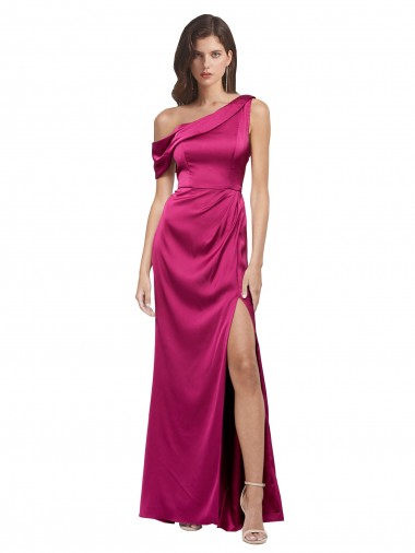 Sleeveless One Shoulder Stretch Satin Fuchsia Long Bridesmaid Dress / Evening Dress Cardiff