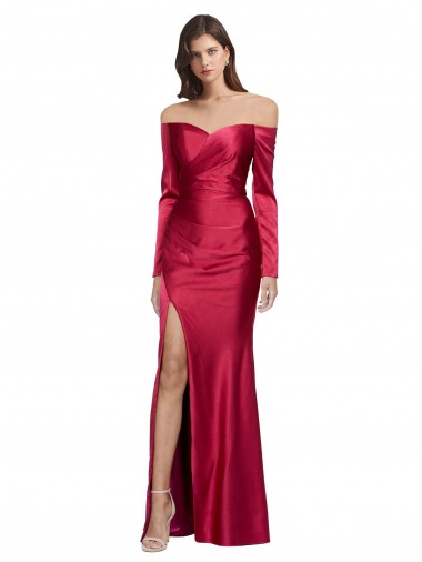 Long Sleeves Sweetheart Stretch Satin Dark Red Long Formal Evening Gown / Prom Dress / Bridesmaid Dress Cardiff