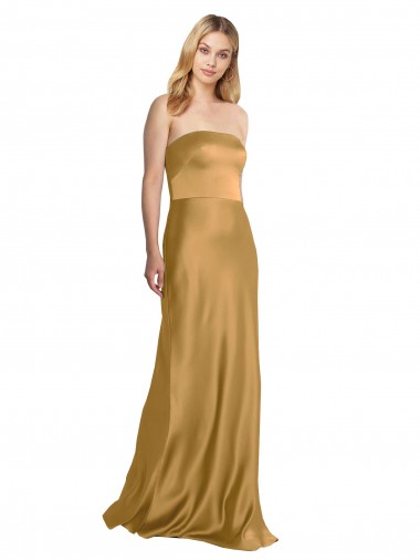 Sleeveless Strapless Stretch Satin Gold Long Formal Evening Gown / Prom Dress / Bridesmaid Dress Cardiff