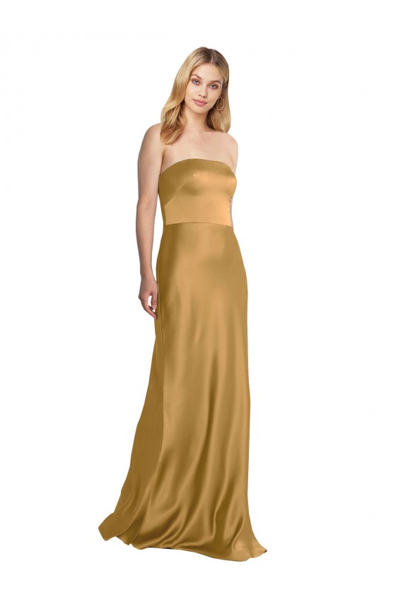 Sleeveless Strapless Stretch Satin Gold Long Formal Evening Gown / Prom Dress / Bridesmaid Dress Cardiff
