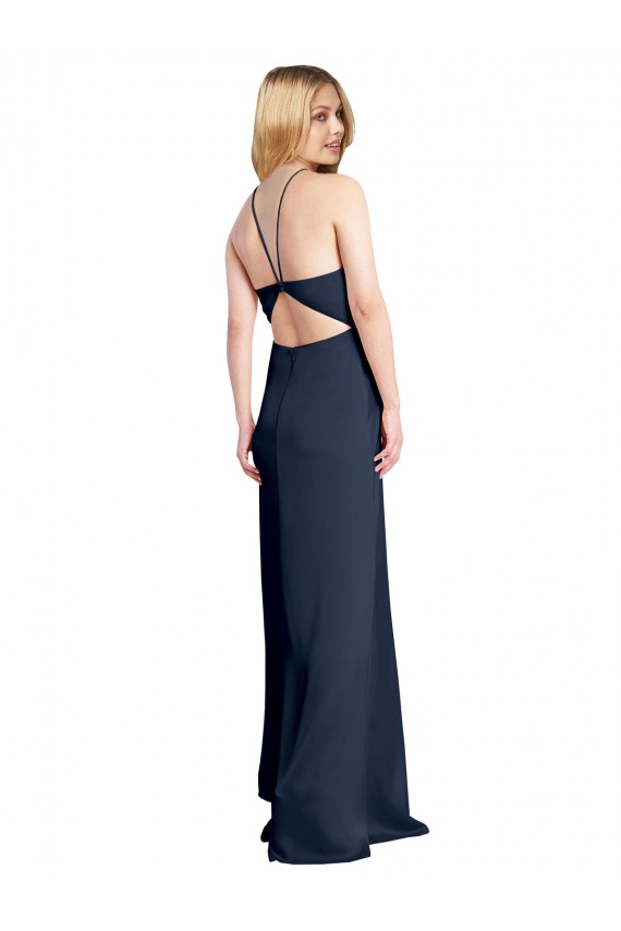 Sleeveless Halter Neck Stretch Satin Dark Navy Long Formal Evening Gown / Prom Dress / Bridesmaid Dress Cardiff