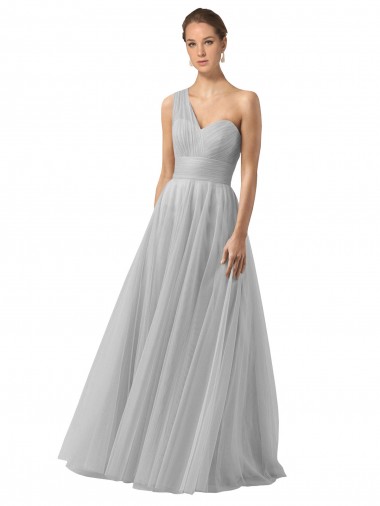 Sleeveless One Shoulder Tulle Silver Long Bridesmaid Gown Cardiff