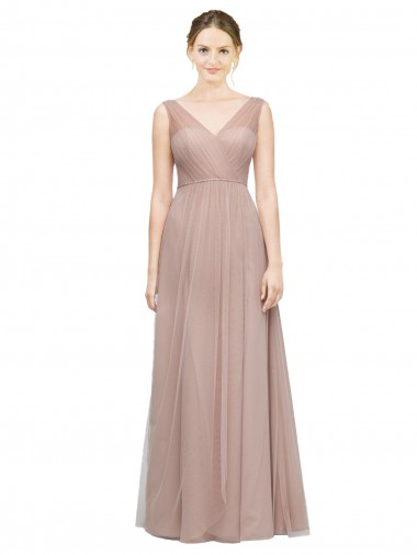 Sleeveless V-Neck Tulle Blush Long Bridesmaid Dress Cardiff