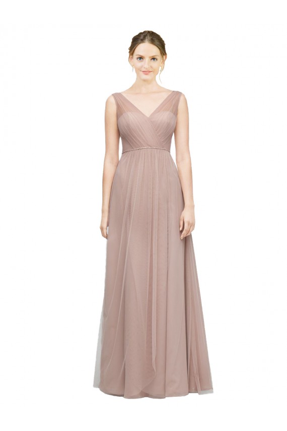Sleeveless V-Neck Tulle Blush Long Bridesmaid Dress Cardiff