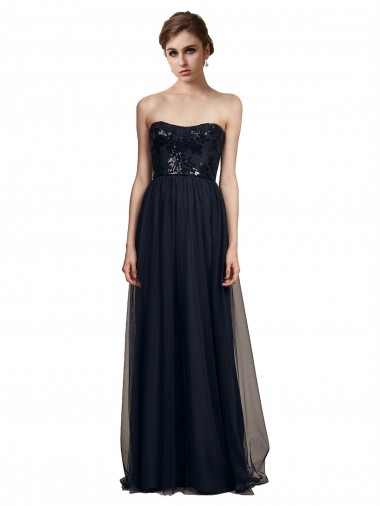 Sleeveless Strapless Tulle Black Long Bridesmaid Gown Cardiff