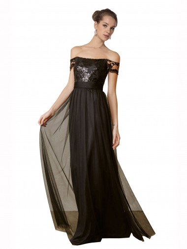 Sleeveless Off the Shoulder Tulle & Sequin Black Long Bridesmaid Dress Cardiff