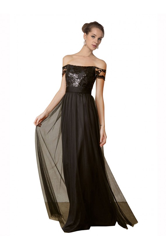 Sleeveless Off the Shoulder Tulle & Sequin Black Long Bridesmaid Dress Cardiff