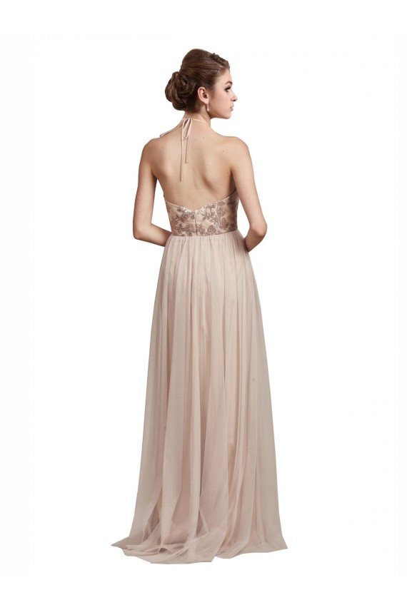 Sleeveless Halter Neck Tulle Nude Long Bridesmaid Dress Cardiff