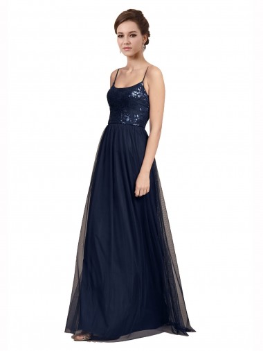 Sleeveless Spaghetti Straps Tulle & Lace Dark Navy Long Bridesmaid Dress Cardiff