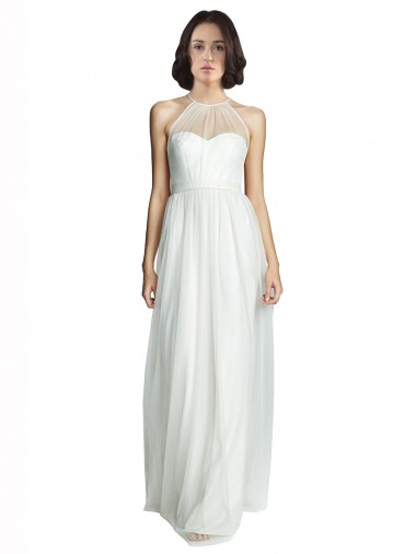 Sleeveless High Neck Tulle White Long Bridesmaid Dress Cardiff