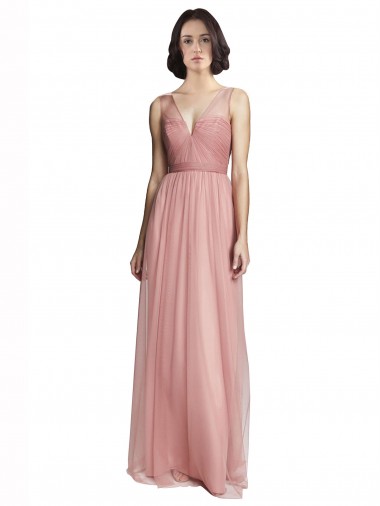 Sleeveless V-Neck Tulle Rose Pink Long Bridesmaid Dress Cardiff