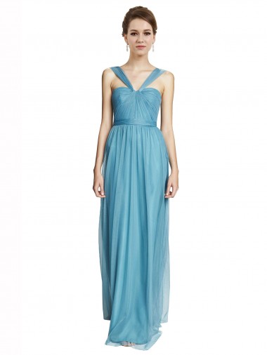 Sleeveless V-Neck Tulle Sky Blue Long Bridesmaid Dress Cardiff