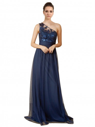 Sleeveless One Shoulder Tulle Dark Navy Sweep Train Bridesmaid Dress Cardiff