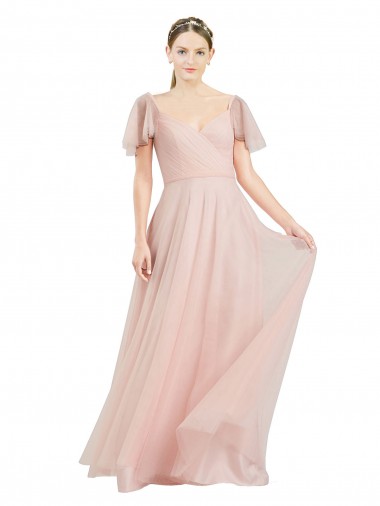 Flutter Sleeves V-Neck Tulle Pink Long Formal Dress / Bridesmaid Dress Cardiff