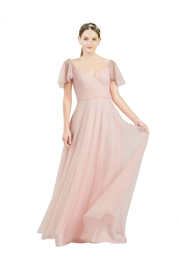 Flutter Sleeves V-Neck Tulle Pink Long Formal Dress / Bridesmaid Dress Cardiff