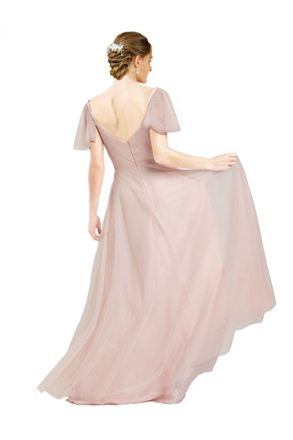 Flutter Sleeves V-Neck Tulle Pink Long Formal Dress / Bridesmaid Dress Cardiff