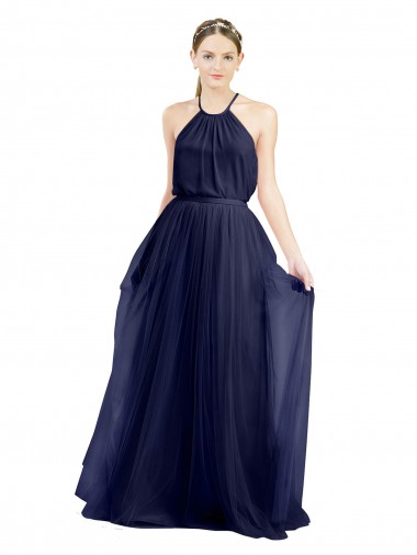 Sleeveless High Neck Tulle Navy Blue Long Semi Formal Evening Dress / Bridesmaid Dress Cardiff
