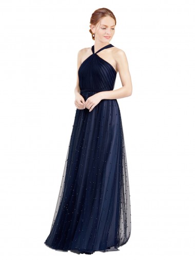 Sleeveless Halter Neck Tulle Navy Blue Long Bridesmaid Dress / Evening Dress Cardiff