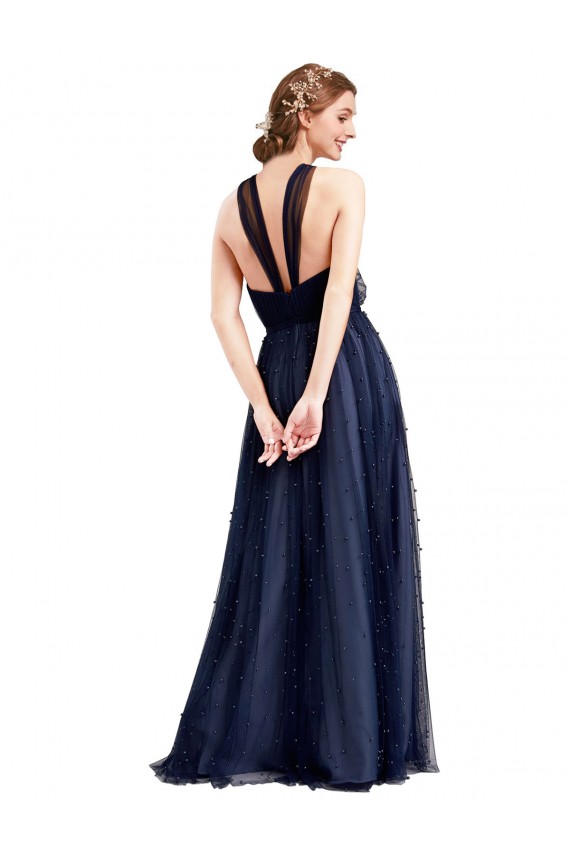 Sleeveless Halter Neck Tulle Navy Blue Long Bridesmaid Dress / Evening Dress Cardiff