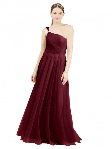 Sleeveless One Shoulder Tulle Burgundy Long Semi Formal Evening Dress / Bridesmaid Dress Cardiff