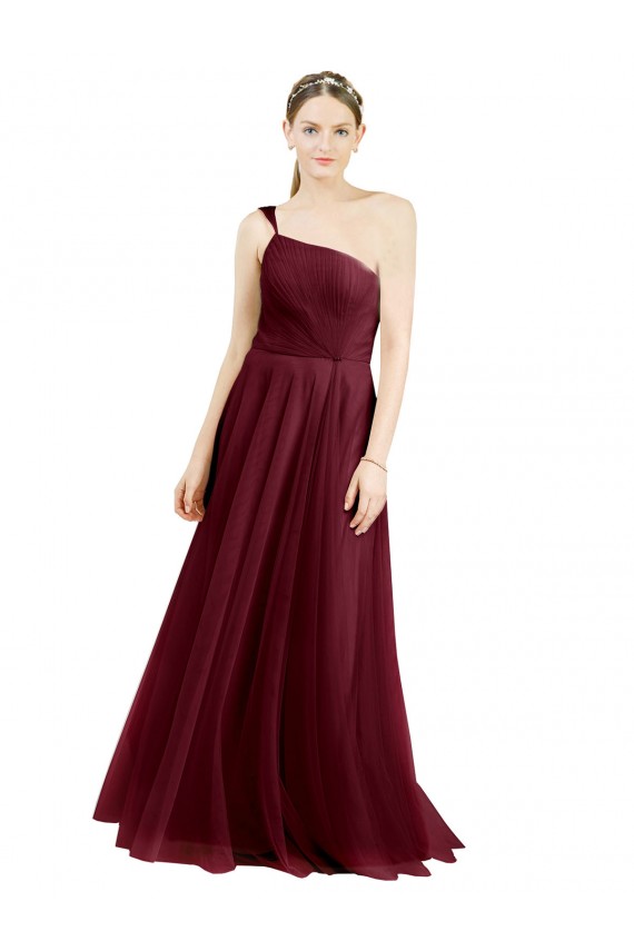 Sleeveless One Shoulder Tulle Burgundy Long Semi Formal Evening Dress / Bridesmaid Dress Cardiff