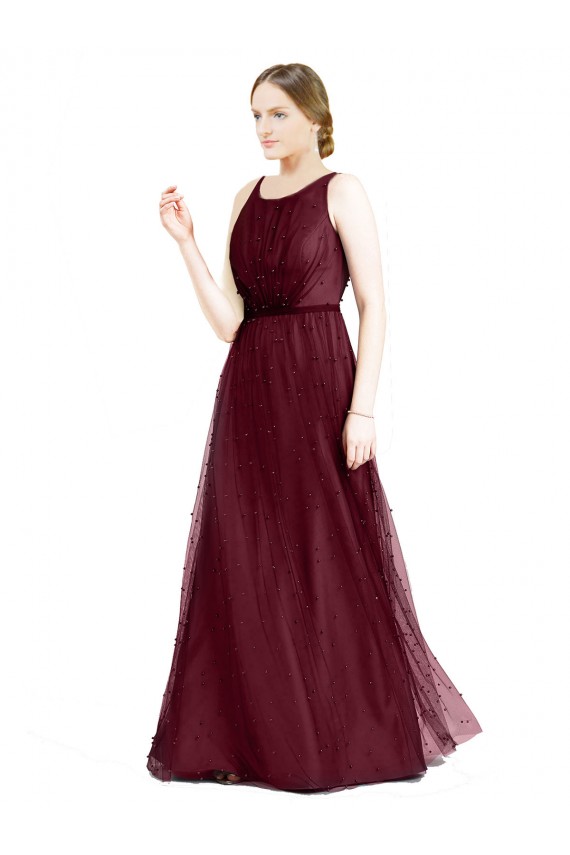 Sleeveless Boat Neck Tulle Burgundy Long Semi Formal Evening Dress / Bridesmaid Dress Cardiff
