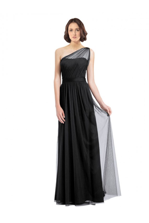 Sleeveless One Shoulder Tulle Black Long Bridesmaid Dress Cardiff