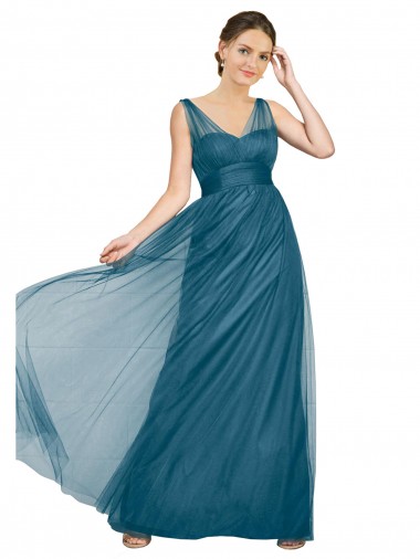 Sleeveless V-Neck Tulle Teal Green Long Bridesmaid Dress Cardiff