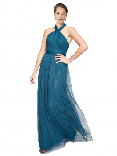 Sleeveless High Neck Tulle Teal Green Long Bridesmaid Dress Cardiff