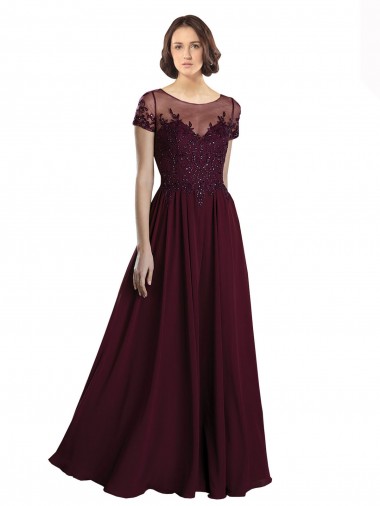 Cap Sleeves Jewel Neck Tulle & Soft Chiffon Burgundy Gold Long Bridesmaid Dress Cardiff