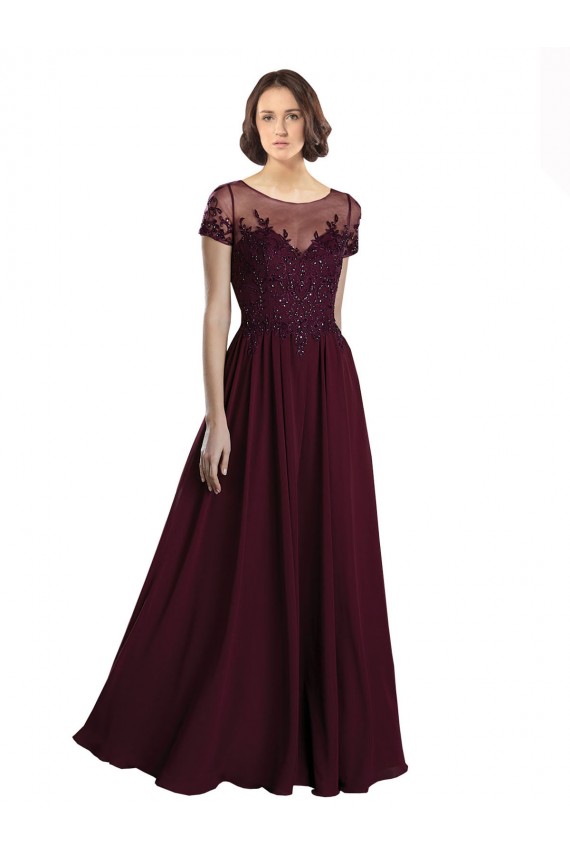 Cap Sleeves Jewel Neck Tulle & Soft Chiffon Burgundy Gold Long Bridesmaid Dress Cardiff