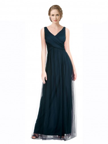 Sleeveless V-Neck Tulle Blue Long Bridesmaid Dress Cardiff