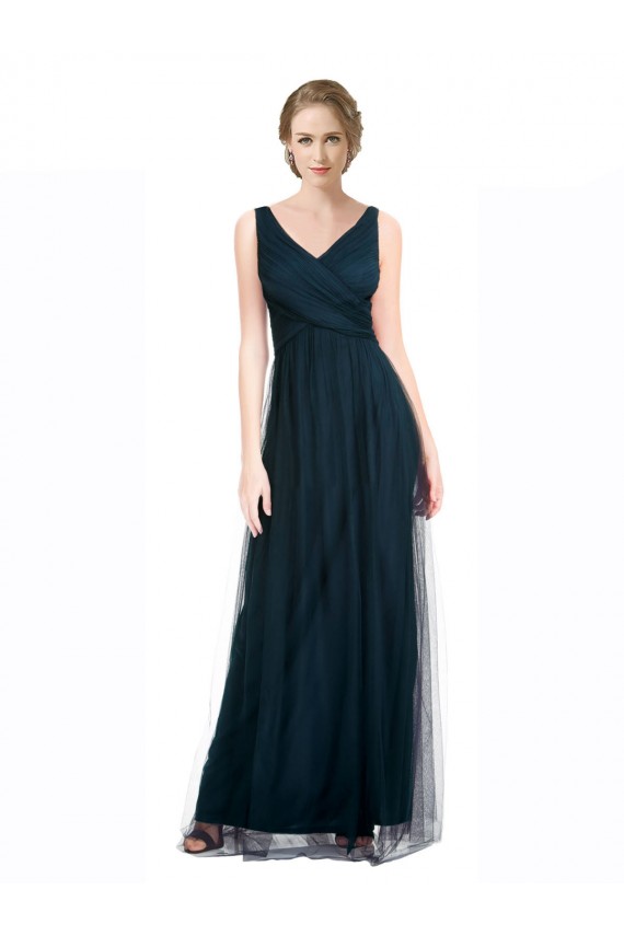 Sleeveless V-Neck Tulle Blue Long Bridesmaid Dress Cardiff