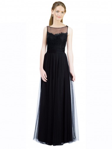 Sleeveless Illusion Neck Tulle & Lace Black Long Bridesmaid Dress Cardiff