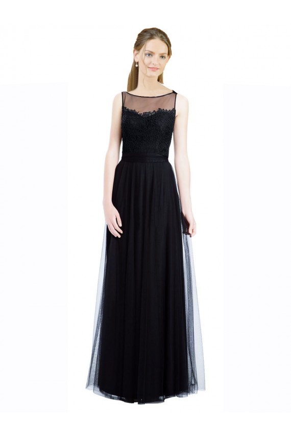 Sleeveless Illusion Neck Tulle & Lace Black Long Bridesmaid Dress Cardiff