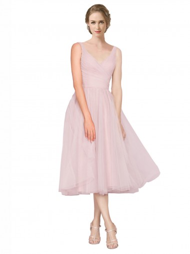 Sleeveless V-Neck Tulle Pink Tea Length Bridesmaid Dress Cardiff