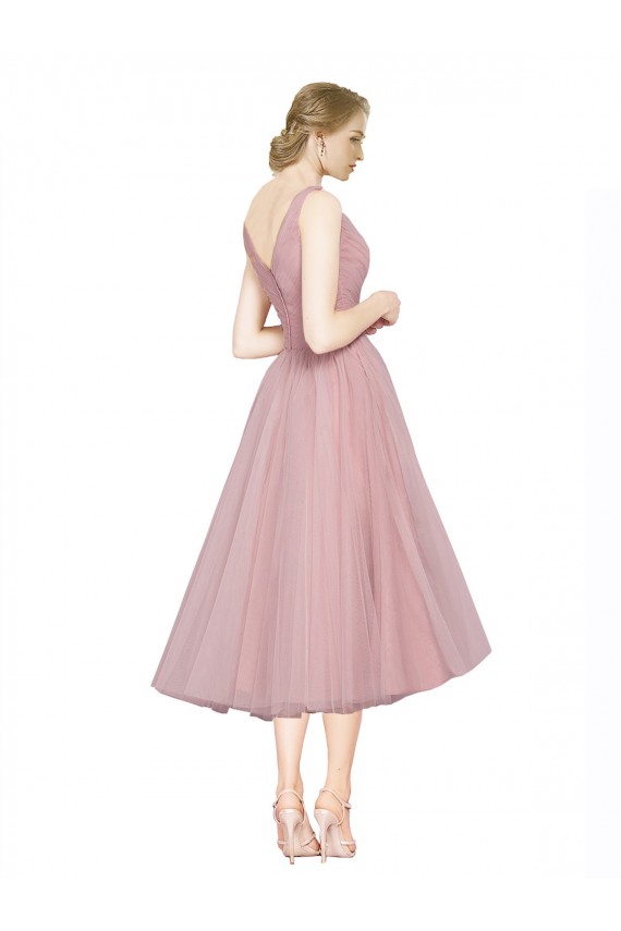 Sleeveless V-Neck Tulle Pink Tea Length Bridesmaid Dress Cardiff