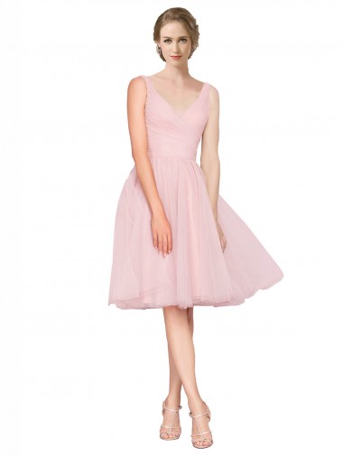 Sleeveless V-Neck Tulle Pink Knee Length Bridesmaid Gown Cardiff