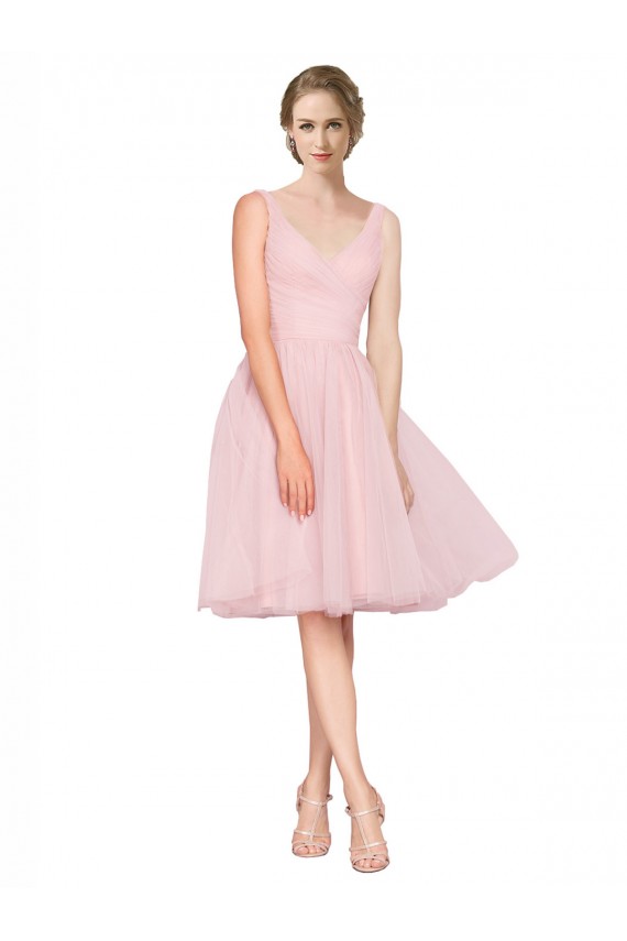 Sleeveless V-Neck Tulle Pink Knee Length Bridesmaid Gown Cardiff