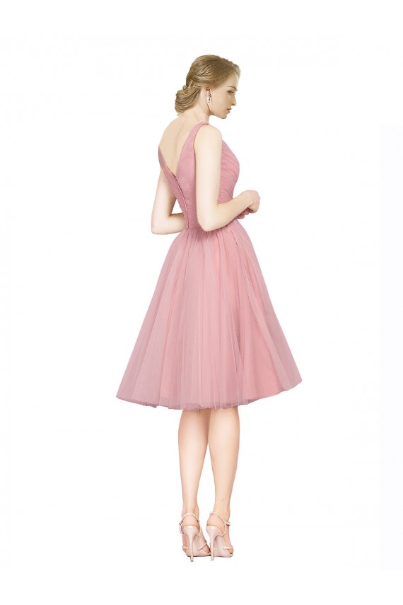 Sleeveless V-Neck Tulle Pink Knee Length Bridesmaid Gown Cardiff