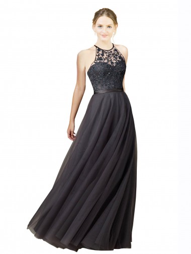 Sleeveless Sweetheart Tulle & Lace Slate Grey Long Bridesmaid Dress Cardiff