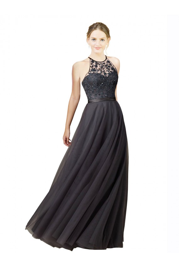 Sleeveless Sweetheart Tulle & Lace Slate Grey Long Bridesmaid Dress Cardiff
