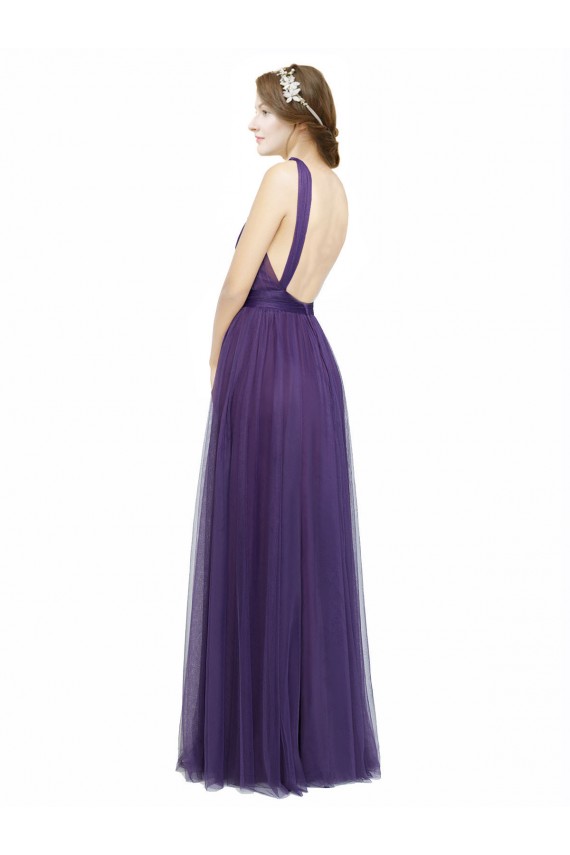 Sleeveless Bateau Neck Tulle Purple Long Bridesmaid Dress Cardiff
