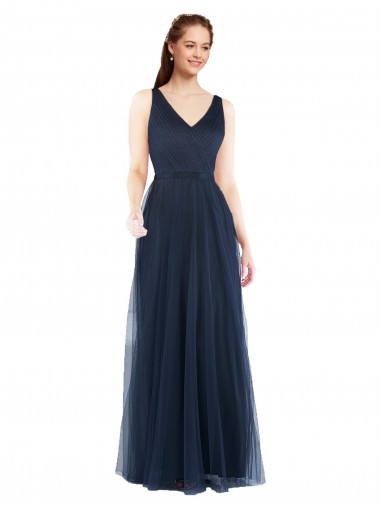 Sleeveless V-Neck Tulle Dark Navy Long Bridesmaid Dress Cardiff