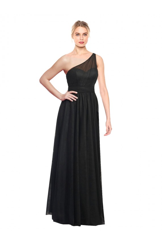 Sleeveless One Shoulder Tulle Black Long Bridesmaid Dress / Evening Dress Cardiff