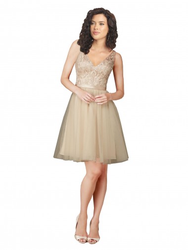 Sleeveless V-Neck Tulle & Lace Champagne Knee Length Bridesmaid Dress Cardiff